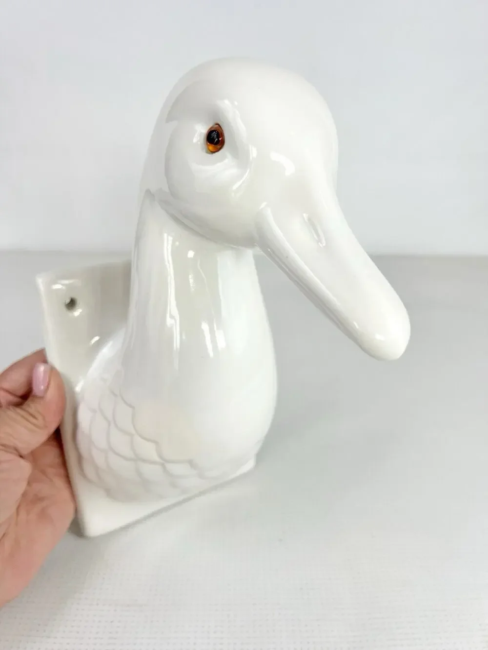 White Ceramic Goose Duck Head Wall Mount Hook Apron Towel Holder Farmhouse READ